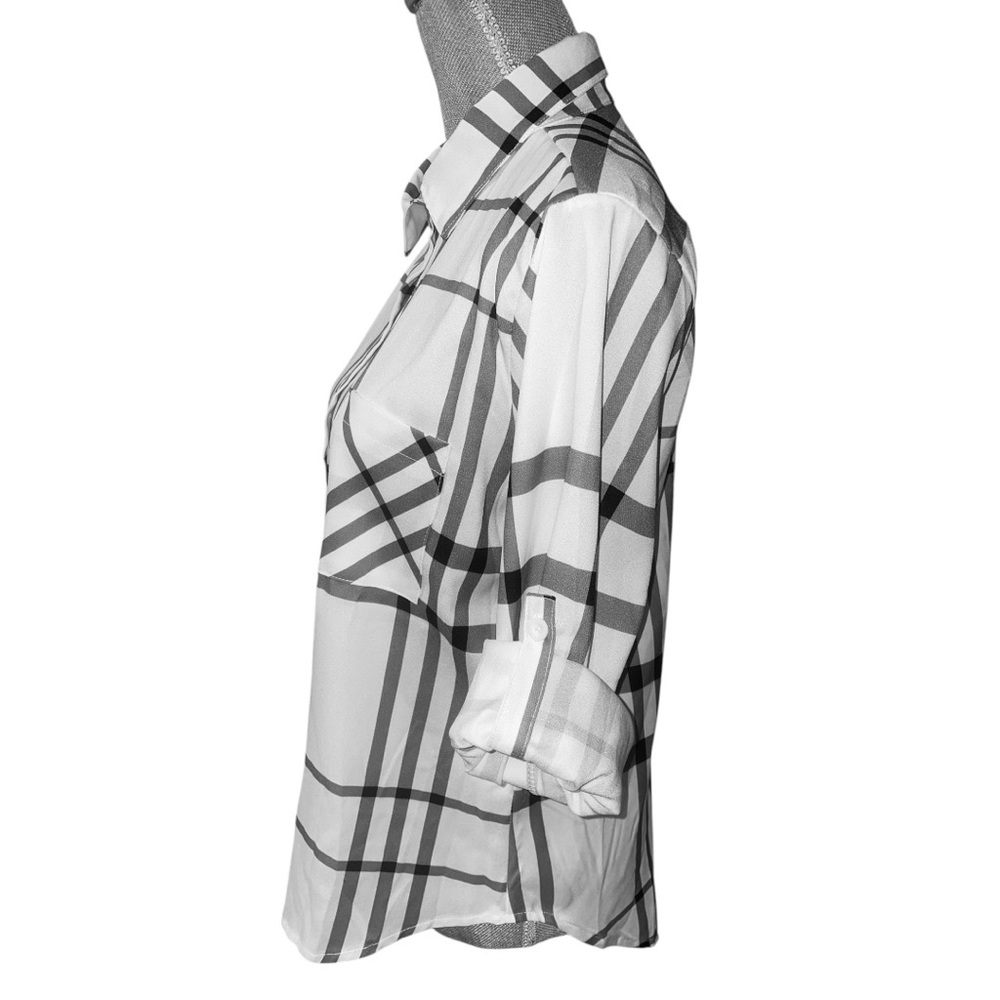 Women’s Black/White Buffalo Plaid Button Down Blouse - Picture 3 of 4